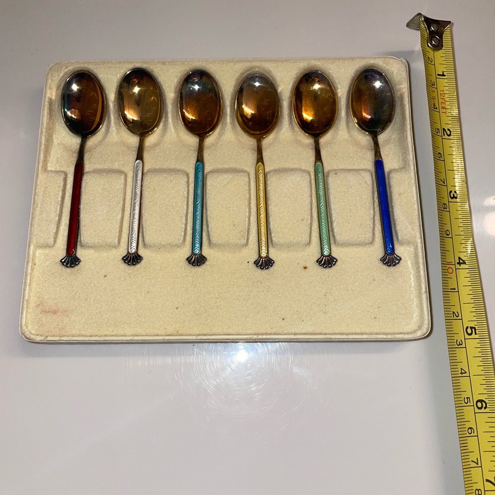 Vtg Stealing Silver Enamel Spoon Set David Anderson Norway